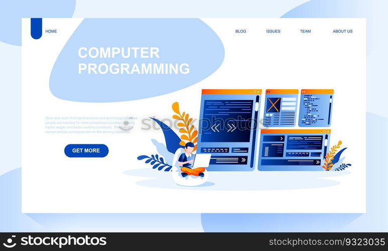 Computer programing vector landing page template with header. Writing source code web banner, homepage design with flat illustrations. Programmer, coder cartoon character. Informational technologies. Computer programing vector landing page template with header. Writing source code web banner, homepage design with flat illustrations