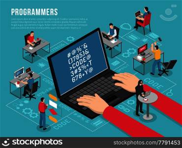 Computer programmers work Isometric conceptual composition poster with software developer code sample on laptop screen vector illustration . Programmers Work Isometric Conceptual Composition