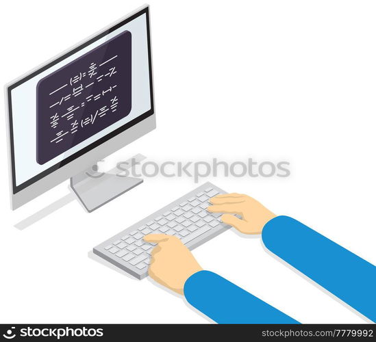 Computer programmers working and typing concept. Software developer code s&le, programming on screen. Man types on keyboard and displays text on monitor. Person presses buttons on keyboard. Man types on keyboard and displays text on monitor. Software developer code s&le, programming