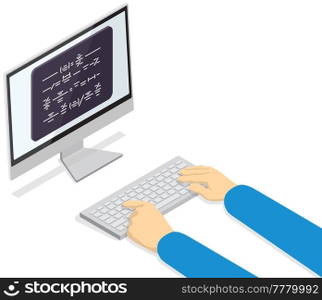 Computer programmers working and typing concept. Software developer code s&le, programming on screen. Man types on keyboard and displays text on monitor. Person presses buttons on keyboard. Man types on keyboard and displays text on monitor. Software developer code s&le, programming