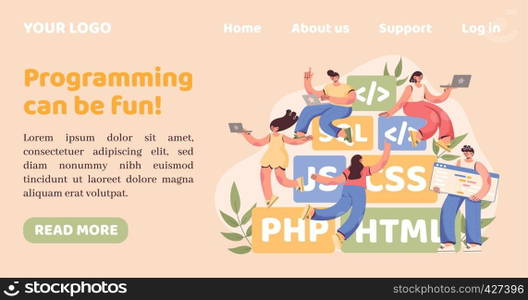 Computer programming. Landing page. Web design. Program coder team. PC code. Software agency. Professional website engineer office. Digital language. Backend developer. Vector illustration concept. Computer programming. Landing page. Web design. Program coder team. Software agency. Professional website engineer office. Digital language. Backend developer. Vector illustration concept