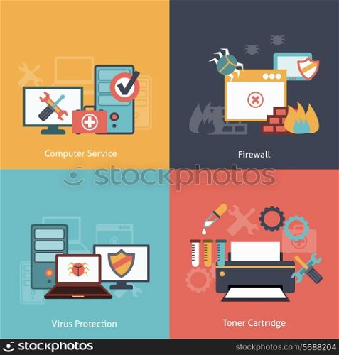 Computer repair and antivirus protection software installation service flat icons infographics with laser toner isolated vector illustration