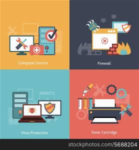 Computer repair and antivirus protection software installation service flat icons infographics with laser toner isolated vector illustration