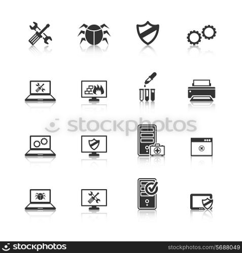Computer repair and maintain internet security services black icons collection with antivirus shield abstract isolated vector illustration