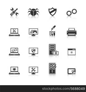 Computer repair and maintain internet security services black icons collection with antivirus shield abstract isolated vector illustration