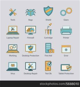 Computer repair and virus malware removal network protection service flat line icons collection abstract isolated vector illustration