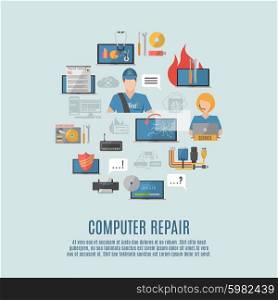 Computer repair flat icons composition poster. Computer repair and maintain internet security services flat icons composition poster with antivirus shield abstract vector illustration