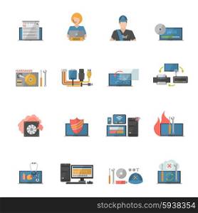 Computer Repair Icons Set. Computer repair icons set with hardware and software problems symbols flat isolated vector illustration
