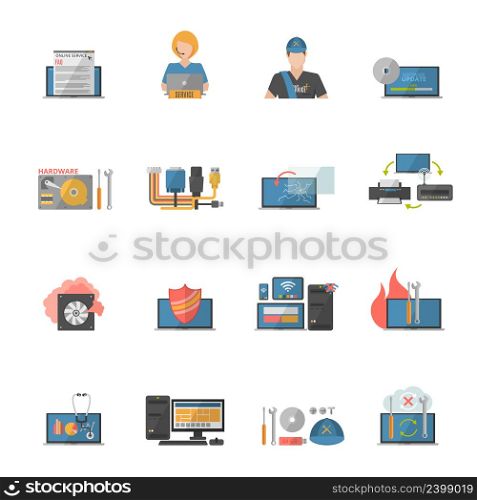 Computer repair icons set with hardware and software problems symbols flat isolated vector illustration . Computer Repair Icons Set
