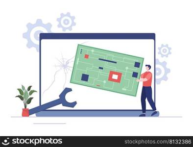 Computer Repair or Service Flat Cartoon Illustration with Tools Repairman Electronics for for Data Recovery Center and Crash on PC