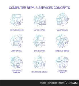 Computer repair service blue gradient concept icons set. Problem resolve idea thin line color illustrations. Isolated outline drawings. Editable stroke. Roboto-Medium, Myriad Pro-Bold fonts used. Computer repair service blue gradient concept icons set