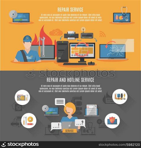 Computer repair service flat banners poster . Hotline computer repair and maintaining online service company operator 2 flat banners poster abstract isolated vector illustration