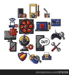 Computer repair service icons set. Cartoon illustration of 16 computer repair service vector icons for web. Computer repair service icons set, cartoon style