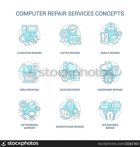 Computer repair service turquoise concept icons set. Problem resolve idea thin line color illustrations. Isolated outline drawings. Editable stroke. Roboto-Medium, Myriad Pro-Bold fonts used. Computer repair service turquoise concept icons set