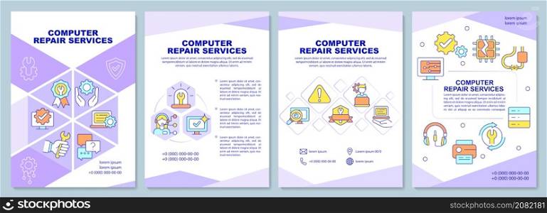 Computer repair services brochure template. Troubleshooting. Booklet print design with linear icons. Vector layouts for presentation, annual reports, ads. Arial-Black, Myriad Pro-Regular fonts used. Computer repair services brochure template
