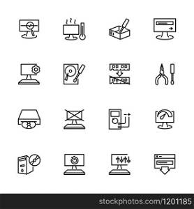 Computer repairing, service and optimization line icon set. Editable stroke vector, isolated at white background.
