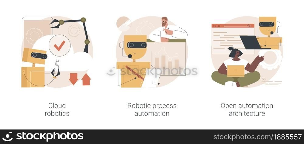 Computer science abstract concept vector illustration set. Cloud robotics technology, robotic process, open automation architecture, AI-based software, open source industrial soft abstract metaphor.. Computer science abstract concept vector illustrations.