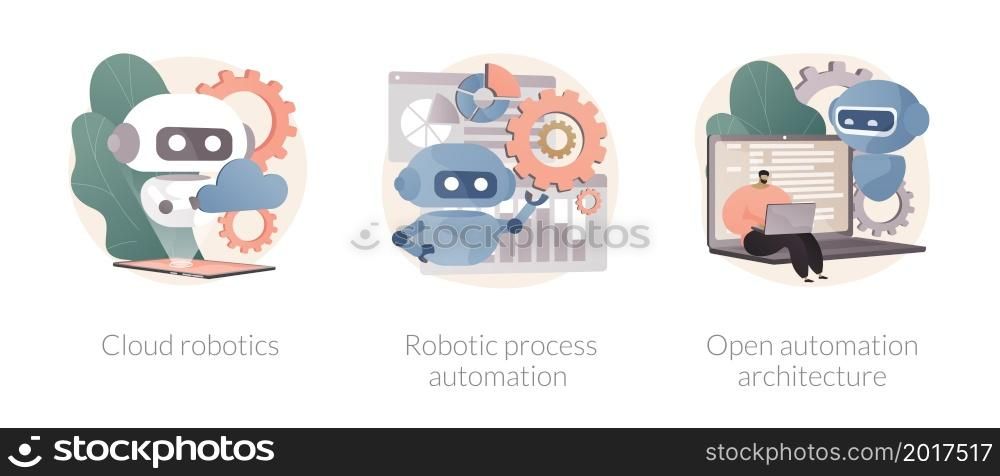 Computer science abstract concept vector illustration set. Cloud robotics technology, robotic process, open automation architecture, AI-based software, open source industrial soft abstract metaphor.. Computer science abstract concept vector illustrations.