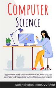 Computer science poster vector template. Scientist using modern technologies for research. Brochure, cover, booklet concept design with flat illustrations. Advertising flyer, banner layout idea. Computer science poster vector template