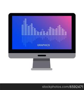 Computer screen isolated with graphics on white. Column chart with high and low marks that reflect. Technological device with informative scheme showing progress and regression on blue-pink background. Computer Screen Isolated with Graphics on White