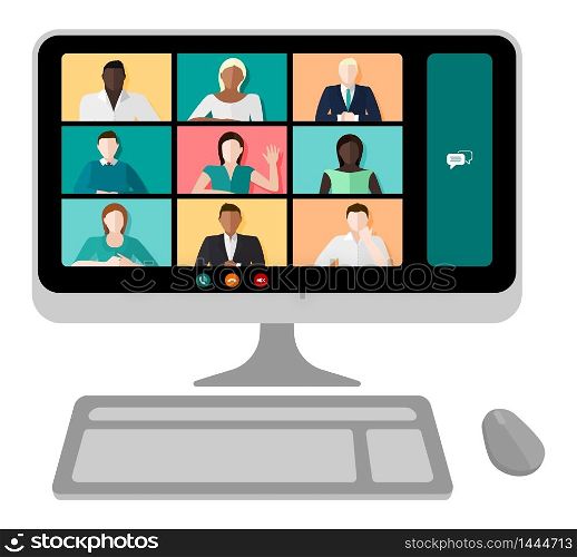 Computer screen with a video conference call with multicultural people and different genders vector