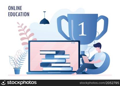 Computer screen with books and big winner cup,young hipster guy with laptop,web site with online education or courses, trendy style vector illustration