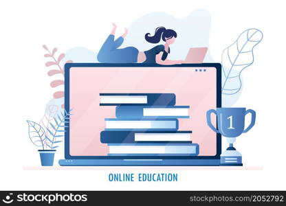Computer screen with books and winner cup,cute female with laptop,web site with online education or courses, trendy style vector illustration