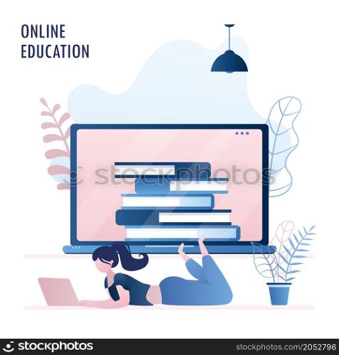 Computer screen with books,female with laptop,Online education or courses, trendy style vector illustration