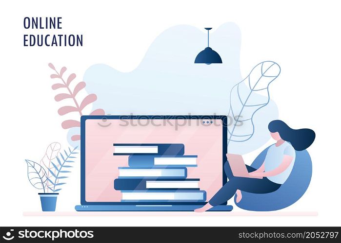 Computer screen with books,female with laptop,web site with online education or courses, trendy style vector illustration