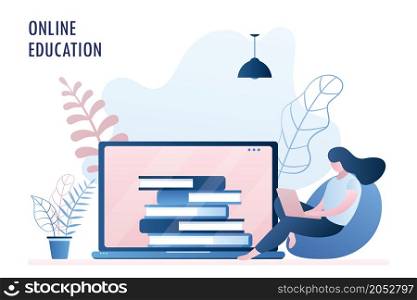 Computer screen with books,female with laptop,web site with online education or courses, trendy style vector illustration