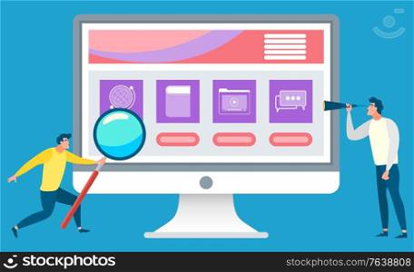 Computer screen with icons vector, online education for business people. Man with magnifying glass, website for learning and education, distance courses. Online Education Courses for Business Students