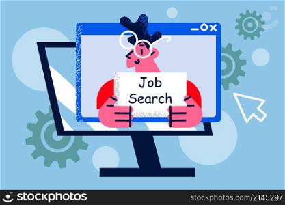 Computer screen with male job candidate or applicant with poster of work search. Man seeker look for employment position or vacancy on internet. Web application. Recruitment. Vector illustration. . Male job applicant on computer screen