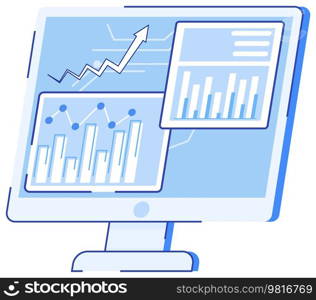 Computer screen with various graphs and diagrams. Data analysis and investment. Business success program. Statistical calculations, financial research. Analysis of statistics for business strategy. Computer screen with various graphs and diagrams. Data analysis and investment, business program