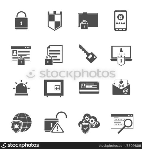 Computer security antivirus shield software black icons set with lock and key symbols abstract isolated vector illustration. Computer security icons set black