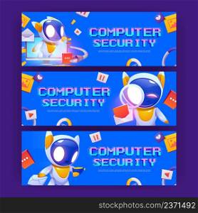 Computer security banners with cute robot protect privacy information. Concept of safety network, online protection. Vector landing page with cartoon illustration of ai bot character. Computer security banners with cute robot
