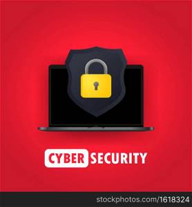 Computer security illustration. Protect your laptop concepts. Notebook and shield icon with padlock. For web banners, web sites, printed materials. Vector on isolated background. EPS 10.. Computer security illustration. Protect your laptop concepts. Notebook and shield icon with padlock. For web banners, web sites, printed materials. Vector on isolated background. EPS 10