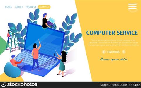 Computer Service Horizontal Banner with Copy Space. Miniature Characters Move near Big Laptop. People Teamwork. Man with Gadget Sit on Top. Woman Use Smartphone. 3d Flat Vector Isometric Illustration. Miniature Characters Moving near Big Laptop. Team.