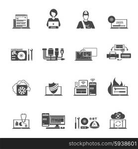 Computer Service Icons Set . Computer service black white icons set with technical support and settings symbols flat isolated vector illustration