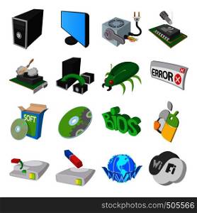 Computer service icons set in cartoon style isolated on white. Computer service icons set, cartoon style