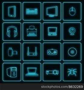 Computer set icons in neon style isolated on a black background. Computer icons set vector neon