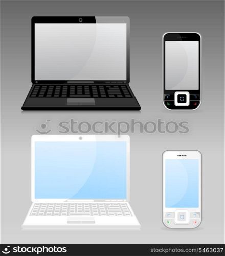 Computer. Set the white both black laptop and phone. A vector illustration
