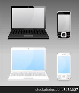 Computer. Set the white both black laptop and phone. A vector illustration