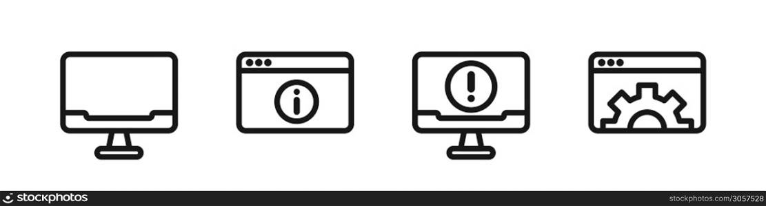 Computer settings information, display technology isolated icon set, vector digital pc info parameters collection illustration