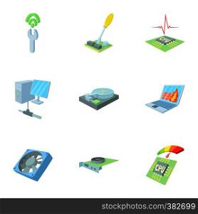 Computer setup icons set. Cartoon illustration of 9 computer setup vector icons for web. Computer setup icons set, cartoon style
