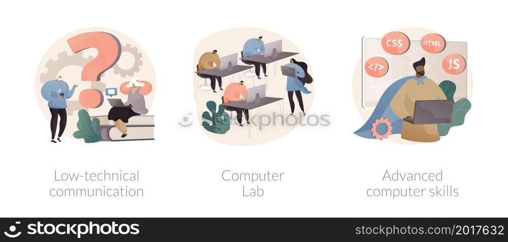 Computer skills requirement abstract concept vector illustration set. Low-technical communication, computer Lab, advanced skills, IT learning, devices for older people, laboratory abstract metaphor.. Computer skills requirement abstract concept vector illustrations.