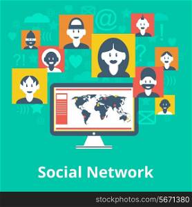 Computer social media network participants avatar icons and symbols composition design infographic chart map poster vector illustration