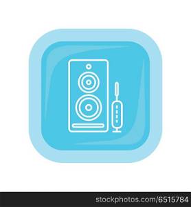 Computer Speakers Web Button. PC Loudspeakers.. Computer speakers web button isolated on white. PC loudspeakers. Modern stereo system. Acoustic device. Dynamics sign symbol. Amplifier accessories. Dolby surround element. Vector illustration