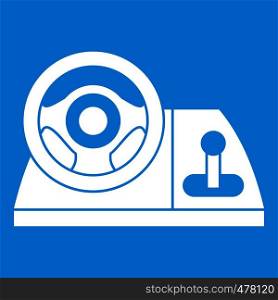 Computer steering wheel icon white isolated on blue background vector illustration. Computer steering wheel icon white