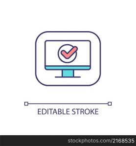 Computer successful checkup RGB color icon. Protect system from hacker attack. Software and hardware. Isolated vector illustration. Simple filled line drawing. Editable stroke. Arial font used. Computer successful checkup RGB color icon