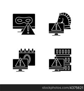 Computer system attacks black glyph icons set on white space. Trojan horse and rootkit malicious programs. Computer network disruption. Silhouette symbols. Vector isolated illustration. Computer system attacks black glyph icons set on white space
